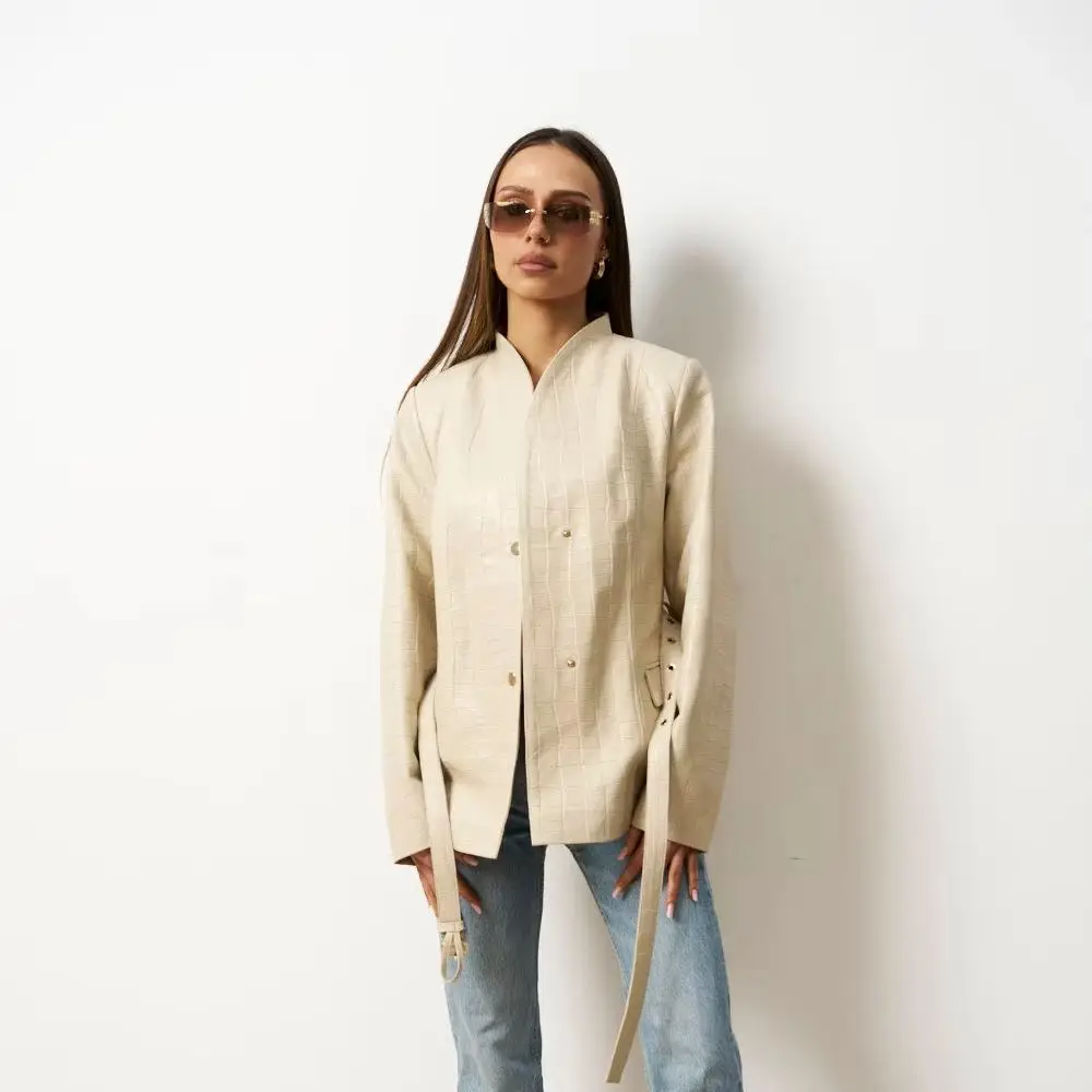 Laur 2026 Women Faux Leather Jacket Crocodile Embossed Stand Collar Slim Fit Waist Strap Decor Casual Autumn Outerwear