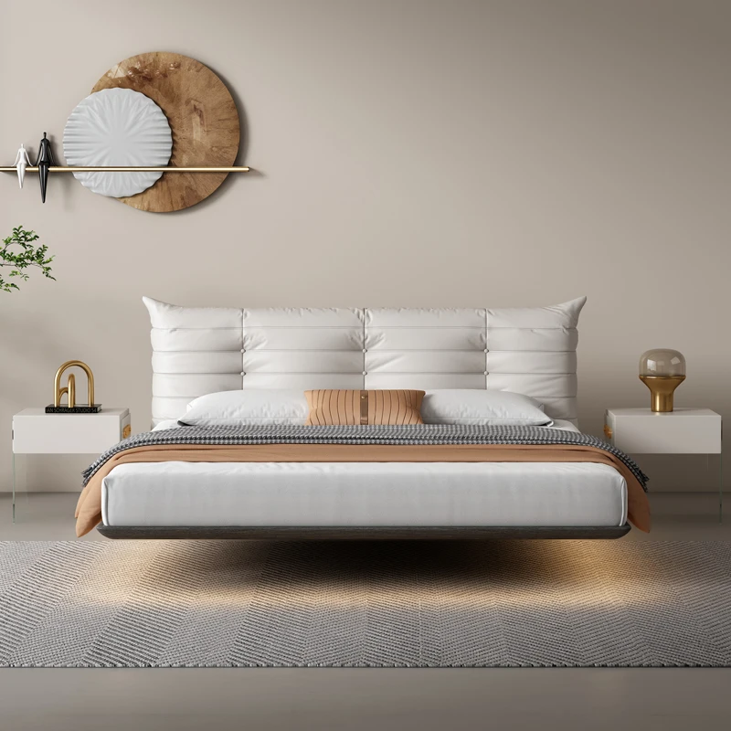 Italian minimalist floating bed modern light luxury with induction light high-end solid wood master bed minimalist master bed