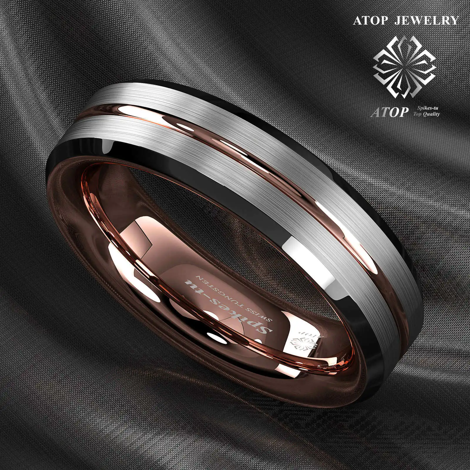 ATOP 6Mm Silver Brushed Black with Rose Gold Men Tungsten Wedding Band Ring