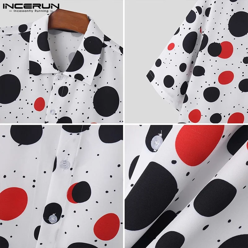 INCERUN top 2024 stile americano moda uomo sciolto irregolare a pois camicie stampate personalità maschile camicetta a mezza manica S-5XL