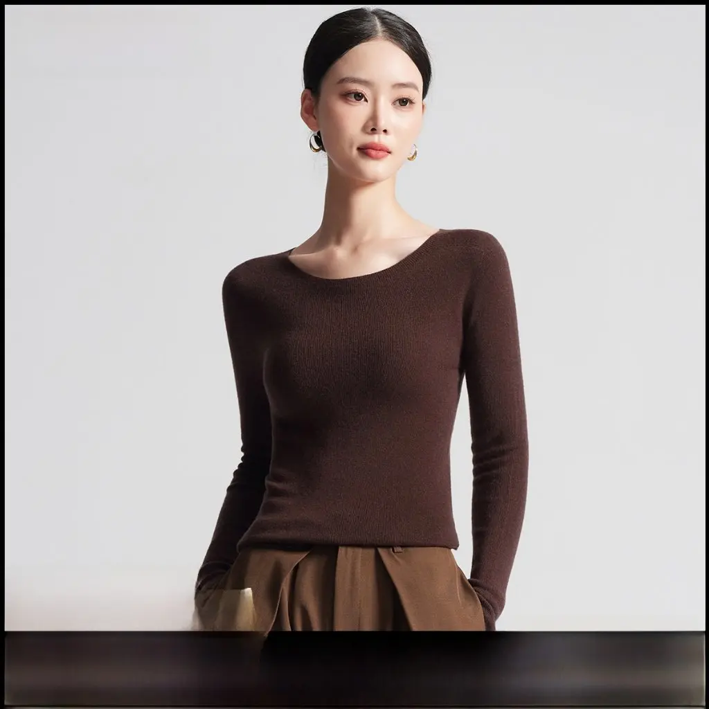 

Women's Slim-Fit round Neck Knit Sweater 60 Count Seamless Base Machine Washable 100% Wool Thin Sweater for Autumn Winter