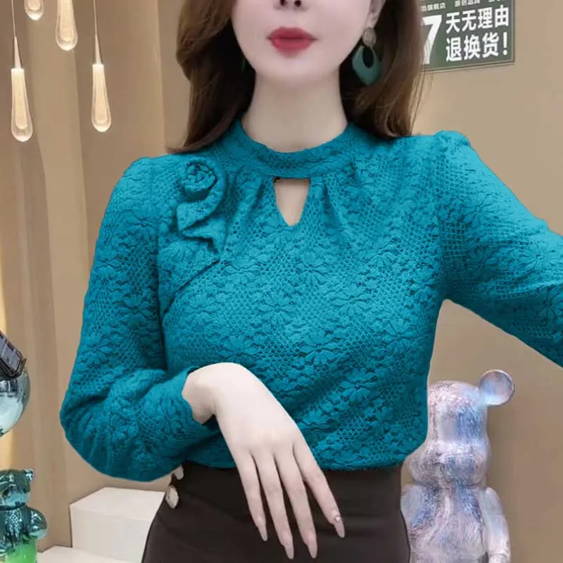 

Elegant Stand Collar Spliced Lace Hollow Out Blouses Women's Clothing 2024 Spring New Loose All-match Tops Office Lady Shirts