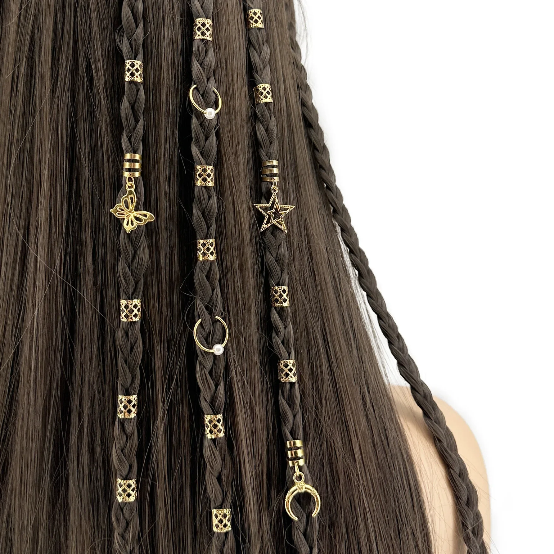 

Hollow Dreadlock Hair Rings Set Star Moon Design Extension Loops Cuffs Wig Braid Decorative Clips 25pcs