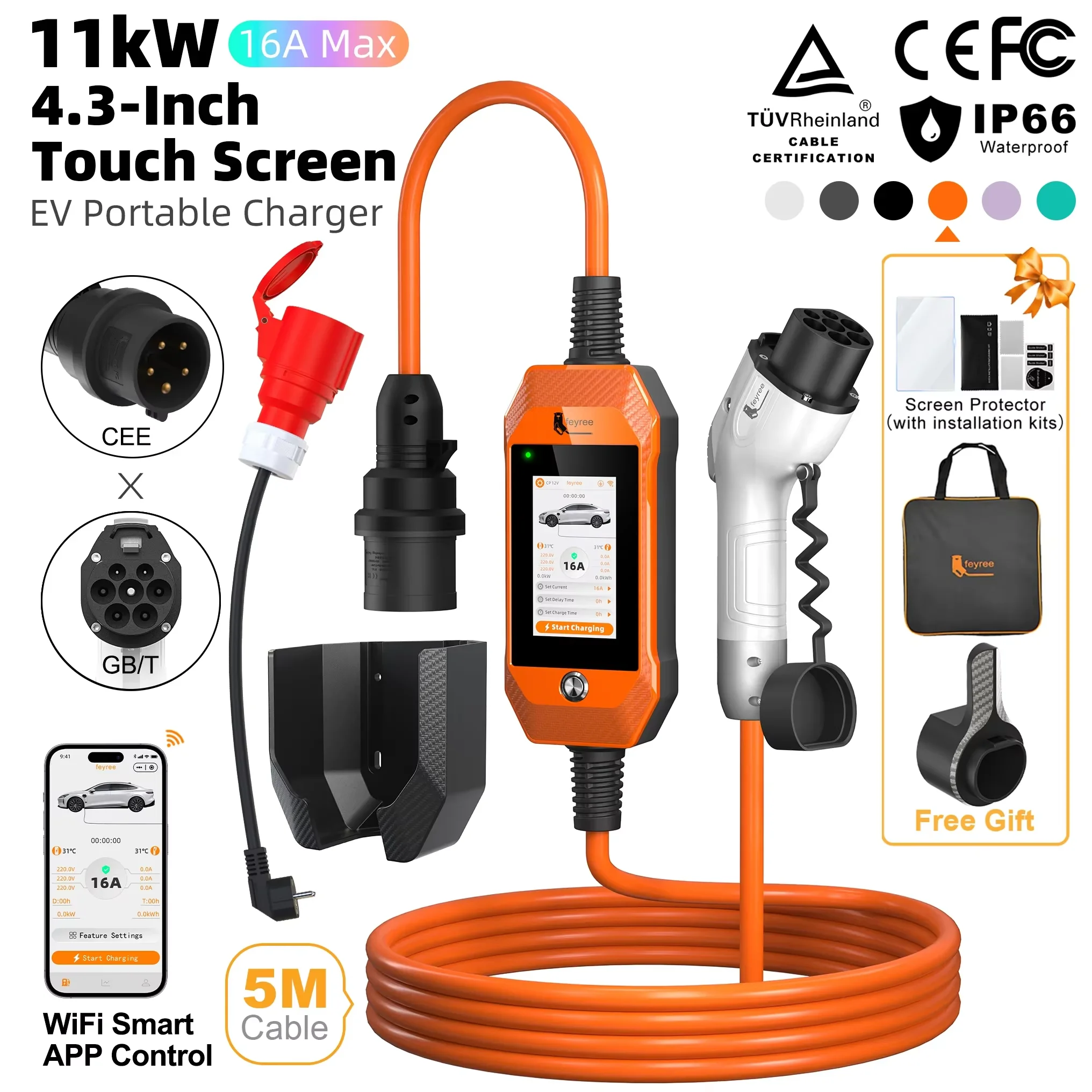 Feyree GB/T Socket 11kW 16AEV Charger 3P 4.3inch Touch Screen Smart WIFI APP Control Portable Charging Box with 6 Colors Option