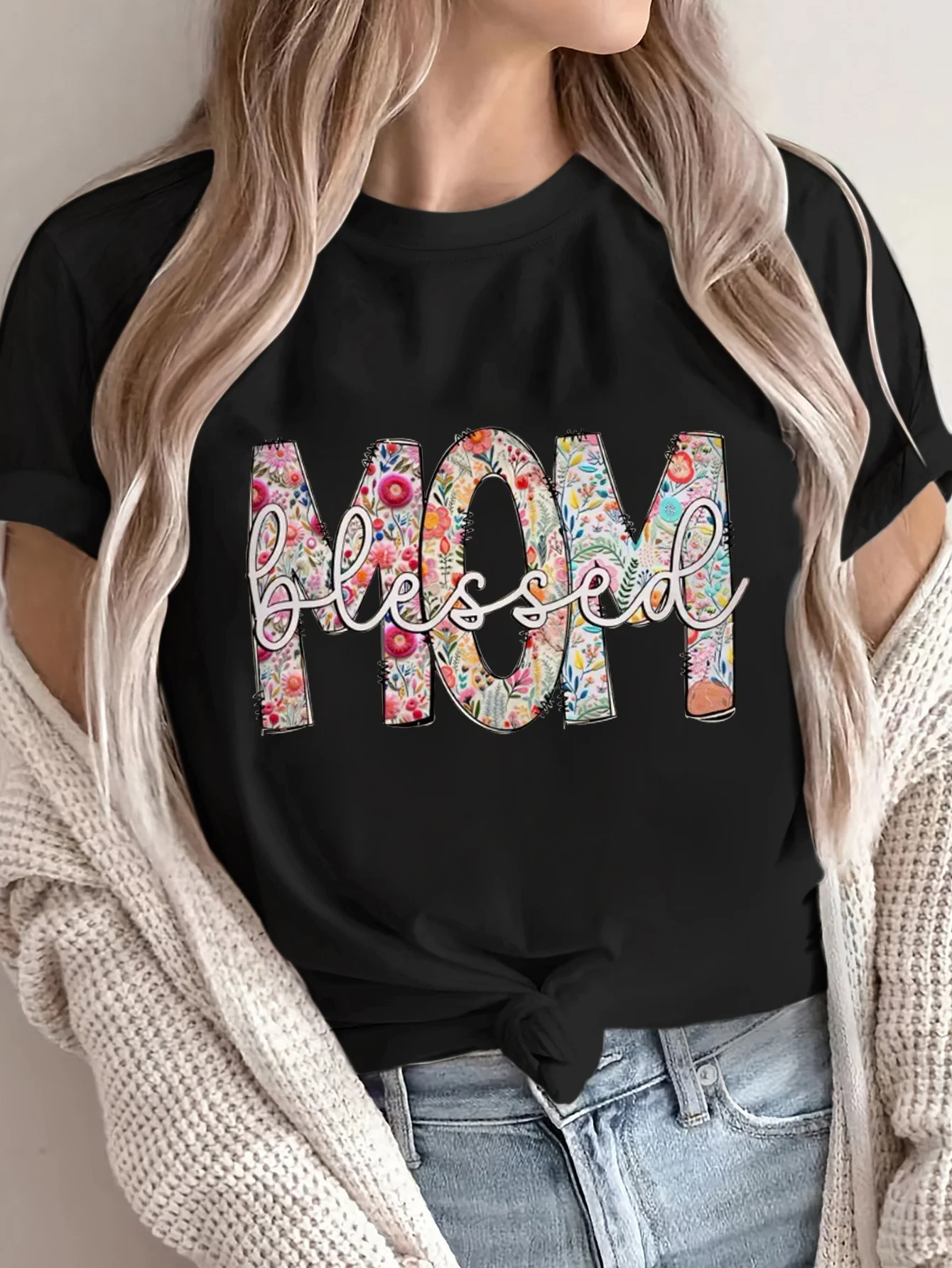 

Women's Mom Floral Print T-Shirt Round Neck Short Sleeve Cotton Tees Retro Hip Hop Y2k T-shirt Summer Tops Women Clothing