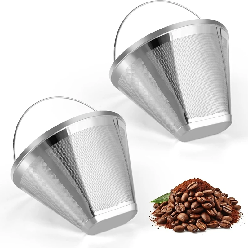 Stainless Steel Coffee Filter, Suitable For Coffee Filter Replacement, 4 Cone Permanent Coffee Filter 2Pcs