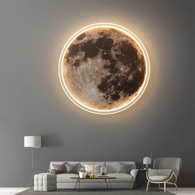 

Modern Decor Gray Moon Round Porch Wall Lamps Decorative Painting Lustre Led Light Luxury Bedside Corridor Room End Mural Lights