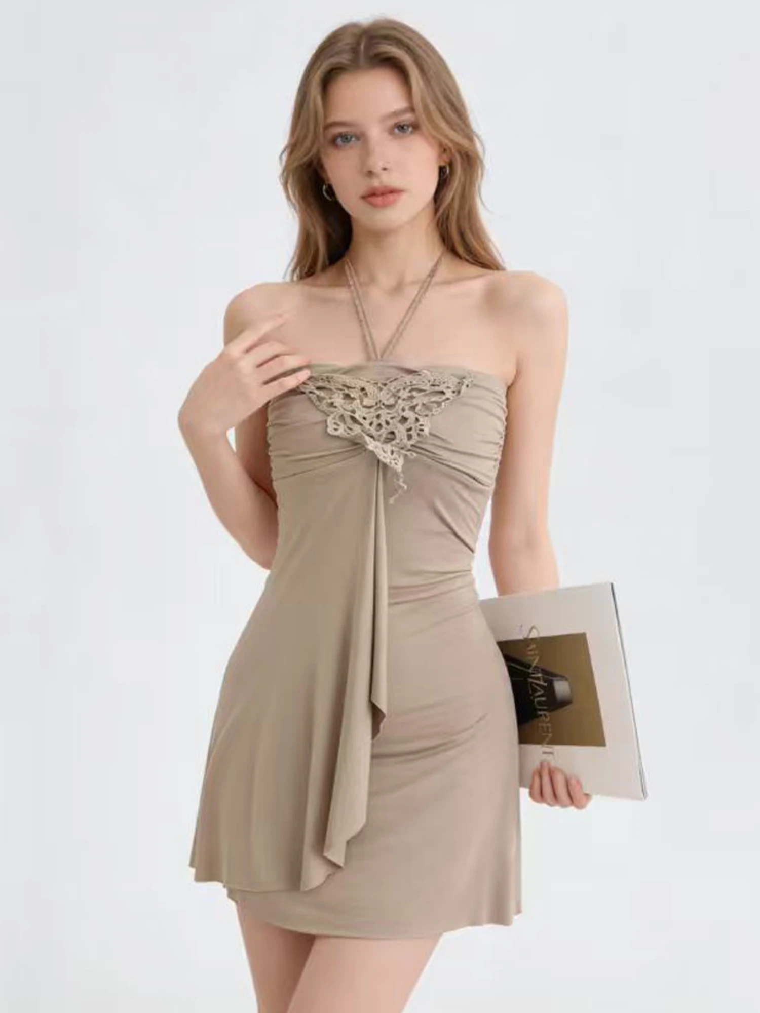 

Женское сексуальное мини-платье цвета хаки, винтажное элегантное облегающее короткое платье с открытыми плечами, цельное платье для женщин, летняя одежда