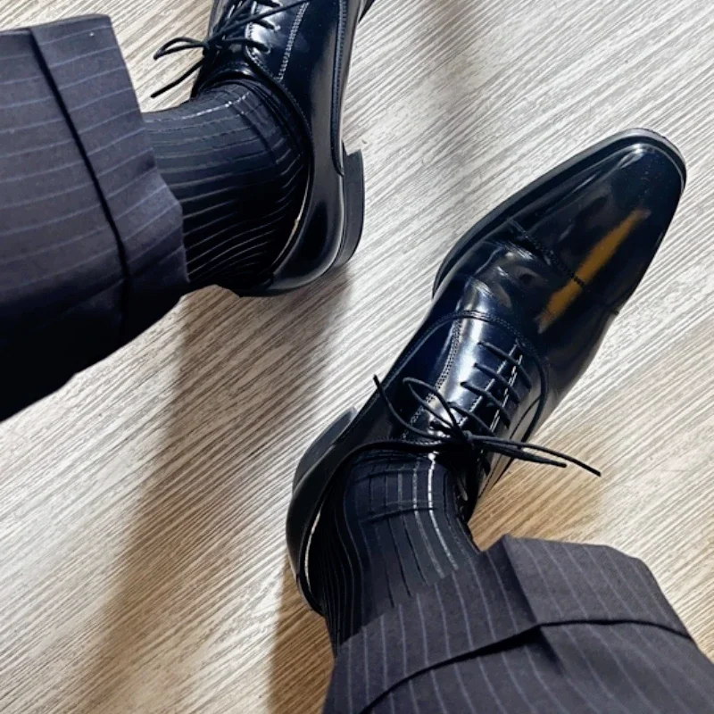 

Men Nylon Sheer Suit Socks Oil Shiny Elastic Solid Color Striped Design See Through Sexy Formal Dress Hose Stocking Gentlemen