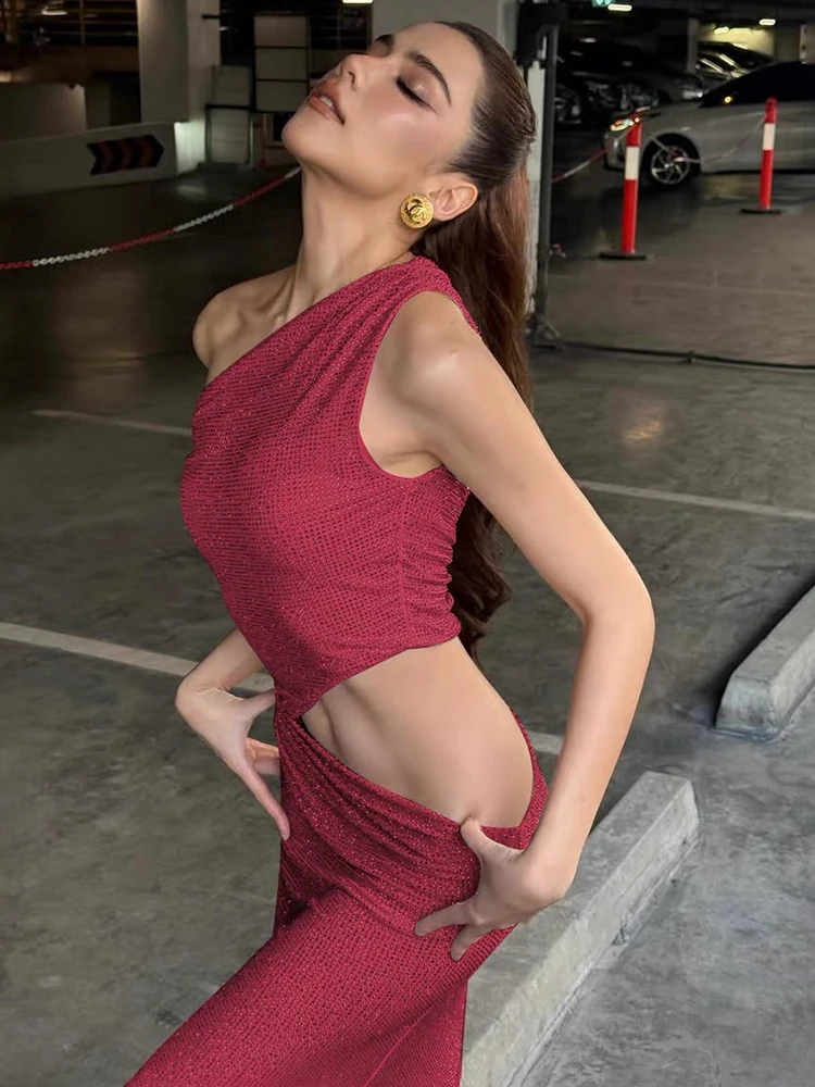 PB براقة الأزرق واحد الكتف قطع الترتر فستان طويل أنيق بلا أكمام شبكة حفلة رسمية المناسبات المشاهير مساء ارتداء