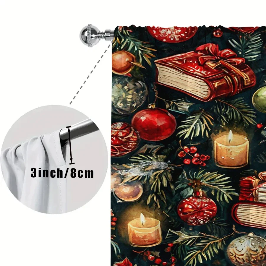 2PCS Christmas Gift Candle Curtains, Watercolor Red Bauble Pine Branch Pattern, Festive Holiday Window Drapes for Bedroom Living