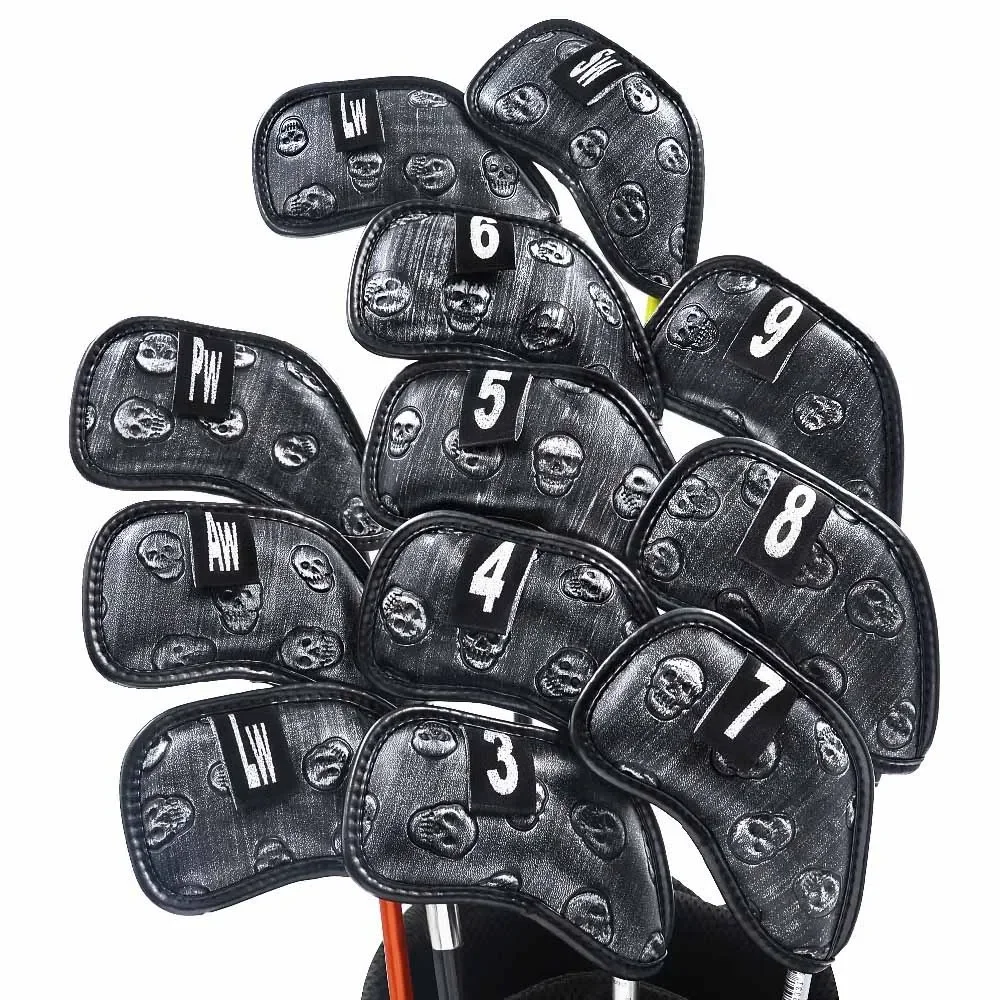 12x Skull Golf Iron Headcover  Anti-Scratch Irons Guard Golf Club Head Coversiron Protectors Skull Embroidery PU Waterproof