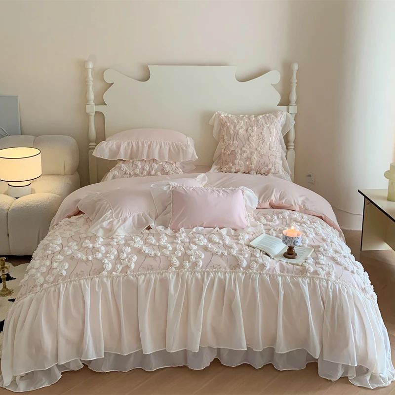 4Pcs Korean Princess Style Cotton 100% Bedding Set Three-Dimensional Chiffon Lace Duvet Cover 200x230 220x240 Four Seasons