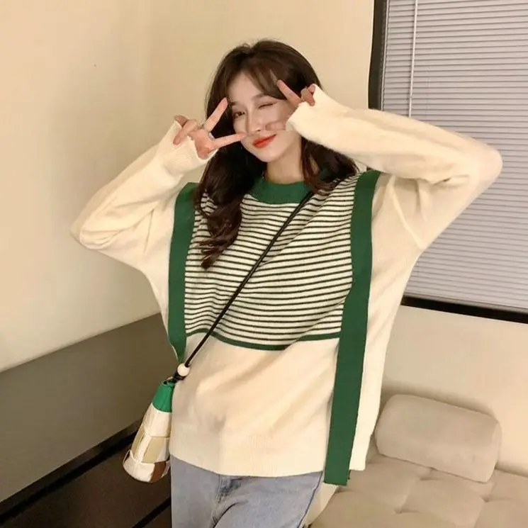 Autumn/Winter Korean Striped Sweater Soft Glutinous Outwear Loose Reduced Age Round Neck Knit Top