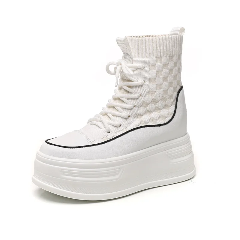 

New High Top Knitted Stretch Socks Shoes Fashion Women Spring Summer Breathable Lace-up Shoes Female Loafers Flats Walking Shoes