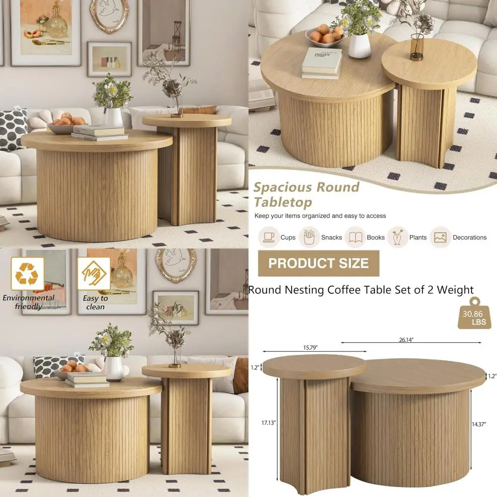 طقم طاولة قهوة خشبية مستديرة على طراز المزرعة لغرفة المعيشة مع طاولتين متداخلتين وأريكة #1