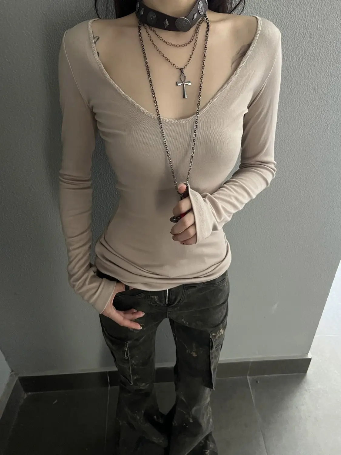 

Ropa Mujer Casual Slim Fit Camisetas Sexy Y2k T-shirt Korean Woman Tshirts Deep V-neck Long Sleeve T Shirts Tees 2025