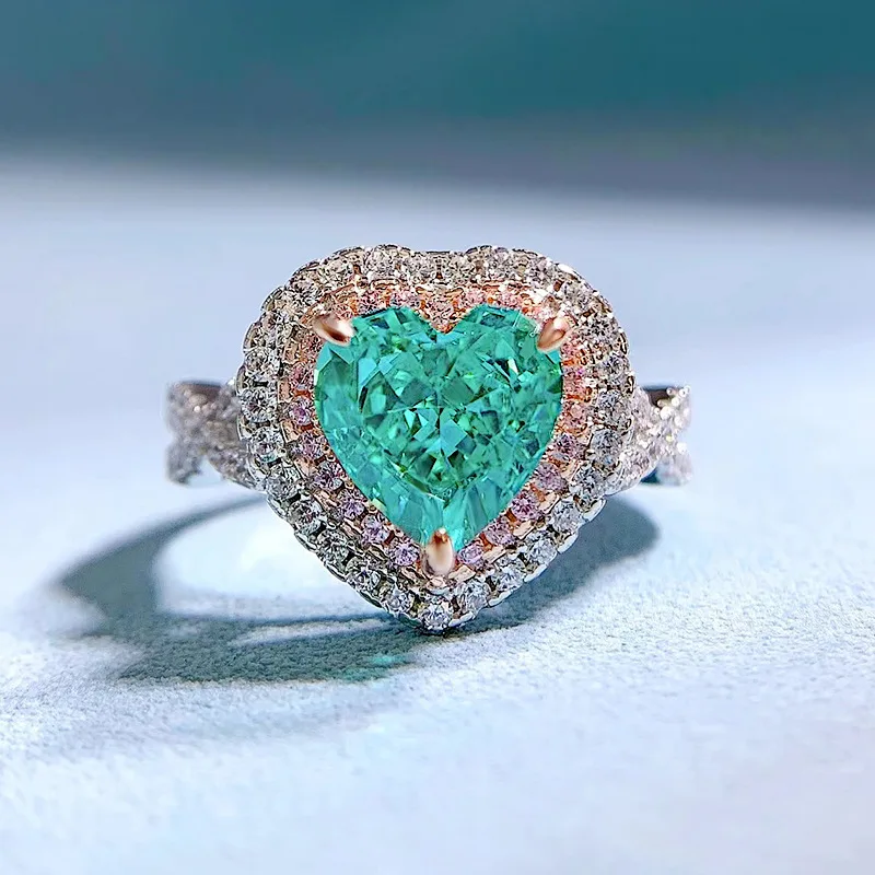 

S925 Silver High Carbon Diamond Palaiba Green 8 * 8 Heart Split Ring Wholesale for Women