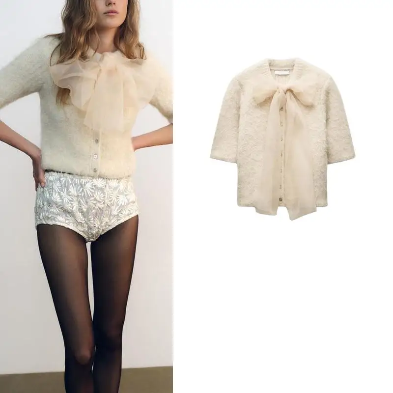 Autumn Winter New Arrival Women's Knitted Top Transparent Hard Lace  Knot Decorated Versatile Sweet Sle Polyester ...