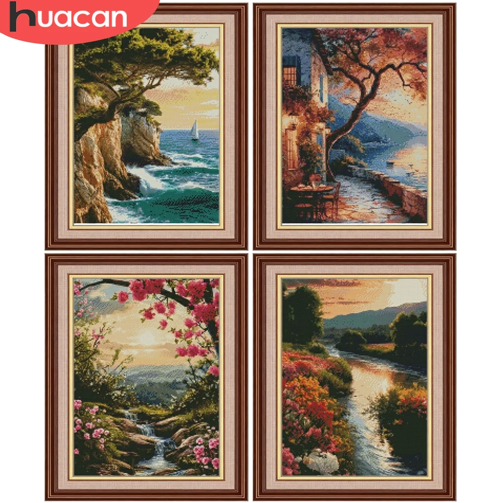 HUACAN 11CT Stickerei-Sets Baum-Landschaft Küstenmotiv Kreuzstich-Sets Natur Hobbys Kreatives DIY Handarbeit