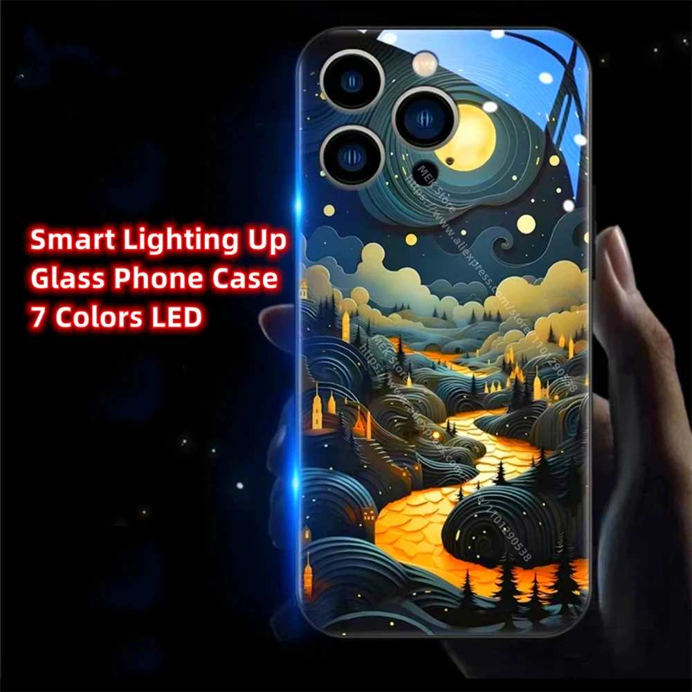 

Oil Painting Moonlight Village Smart LED Light Glow Glass Phone Case For Honor V40 60 70 80 90 Pro Huawei Nova 7 8 9 10 11