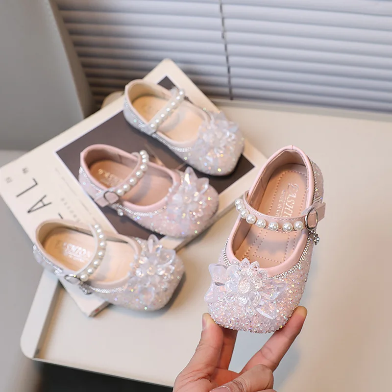 

Spring Autumn Girl Leather Shoe Kids Crystal Pearly Shiny Princess Shallow Dress Shoes Fashion Children Wedding Party Shoes