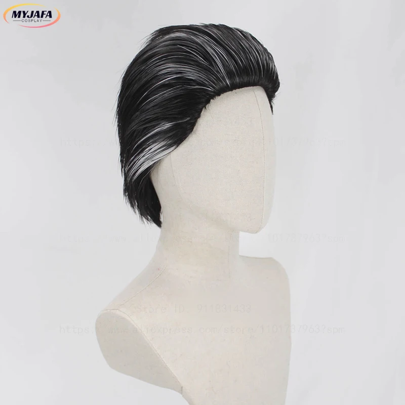 Game LOL Arcane Silco Cosplay Wig Short Black Silver Slicked Back Heat Resistant Synthetic Hair Anime Cosplay Wigs + Wig Cap