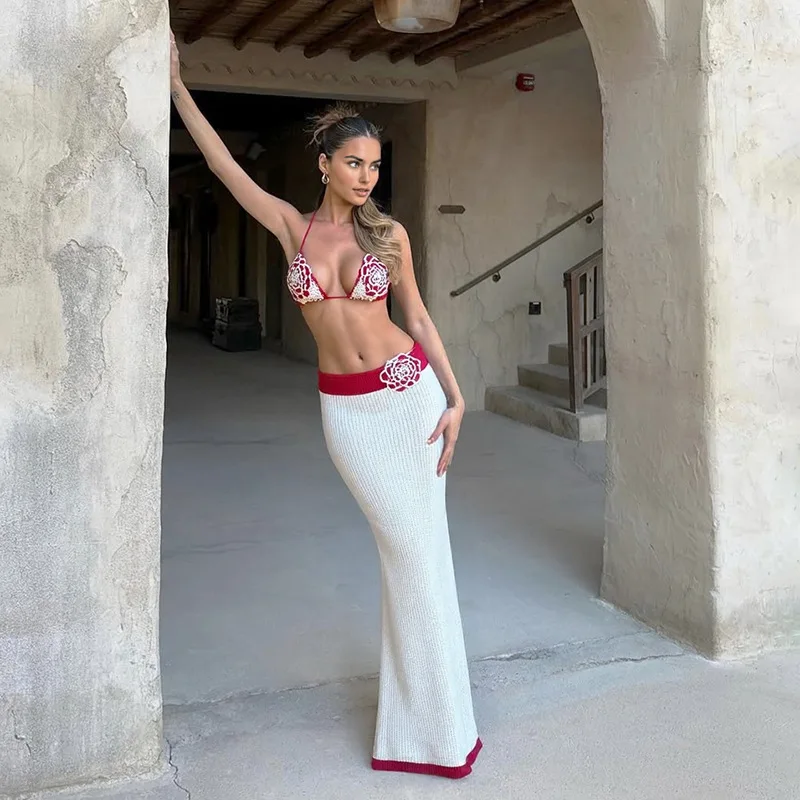 

Crochet 2 Piece Set Women Knit Beach Vacation Flower Bra Tops+Patchwork Long Skirts Matching Vacation Midnight Clubwear