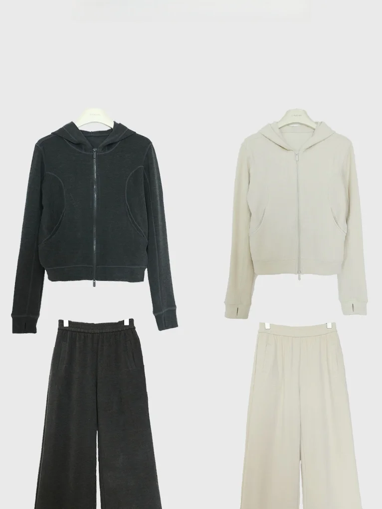 

Comfortable Casual Sportswear Set with Hooded Jaet And Wide Leg Pants Loose Relaxing mat Sle Long Sve Zipper