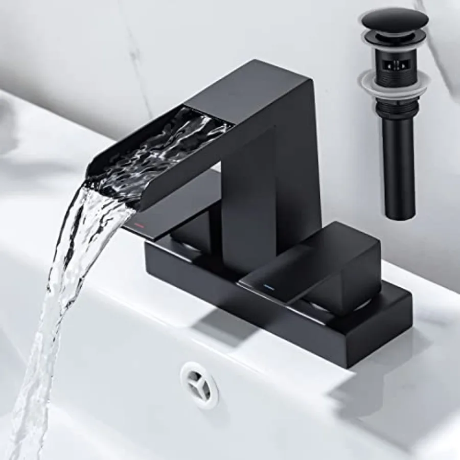 

4 Inch Centerset Waterfall Bathroom Faucet 2 Handle 3 Hole Basin Faucets with Pop Up Drain with Overflow Lavatory Mixer Tap Van