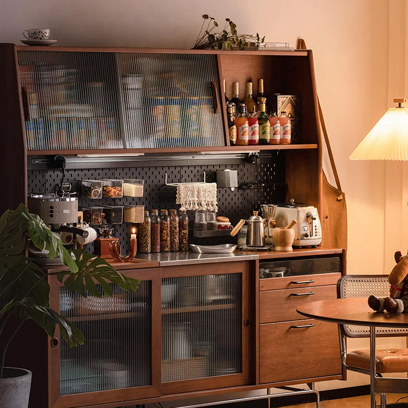 Solid wood dining side cabinet, retro wall integrated high cabinet, Nordic Japanese medieval, kitchen storage