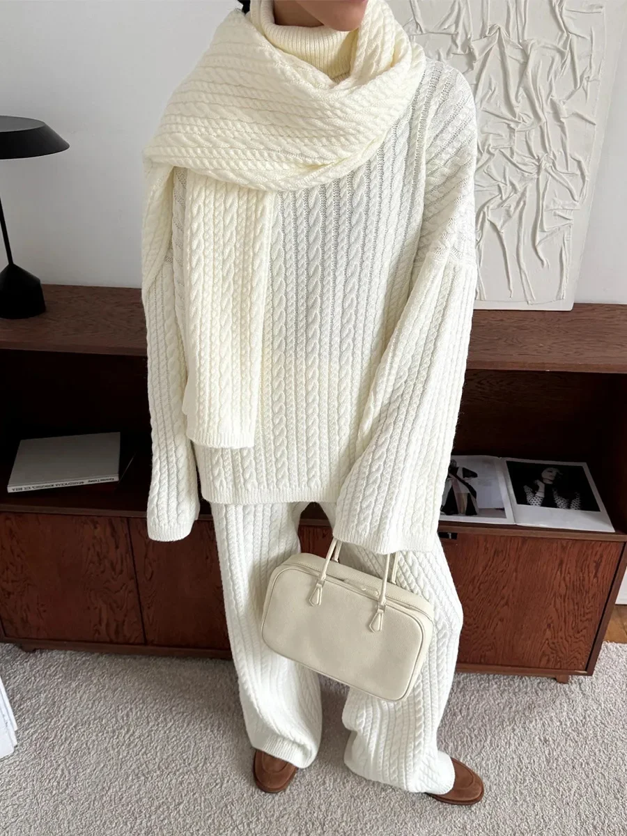 

Autumn Winter Fashion Women's New Cable Knit Sweater Wide Leg Pants Set Soft Wool Blend Loose Fit High Neck Pullover