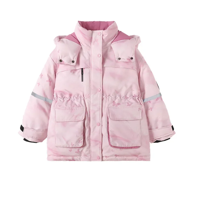 Girls' tooling down jacket Winter 2024 new little girl foreign style hooded windproof warm children's thick winter clothing