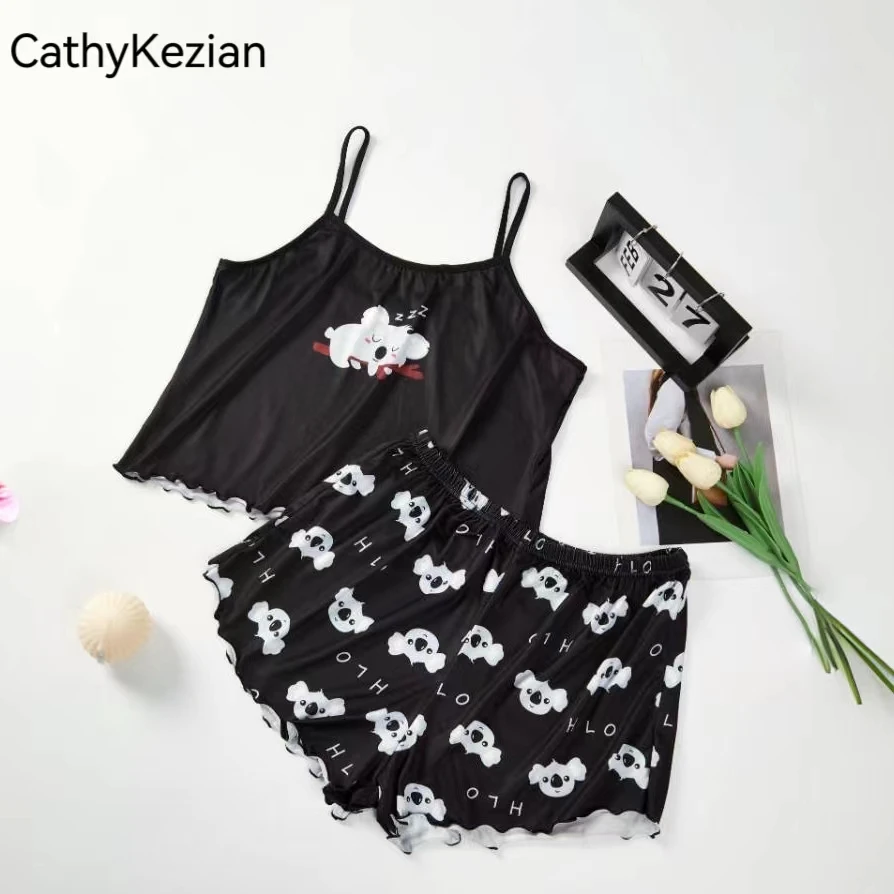 Women Pajamas Sleepwear Pajama Set Sports Camisole And Shorts S M L Black Cartoon Koala Print Ventilate Casual Soft Comfortable