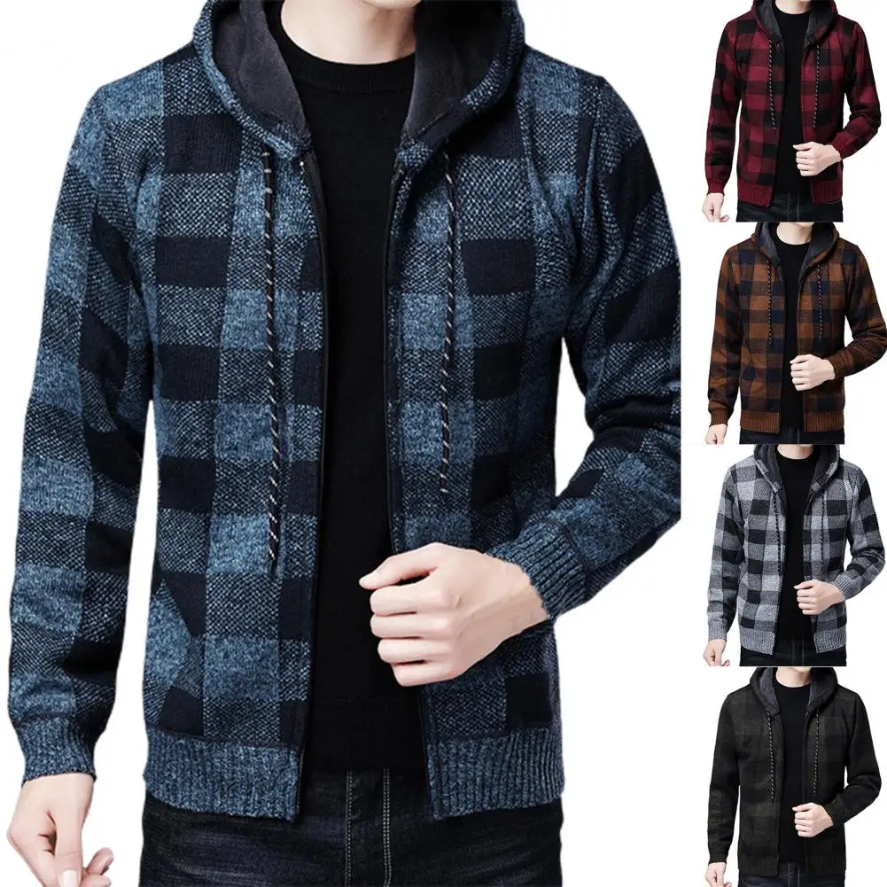 Winter 2023 New Men's Fleece Thickened Cardigan Knit Sweater / Male Loose Warm Hooded Add Wool Jacket Coat