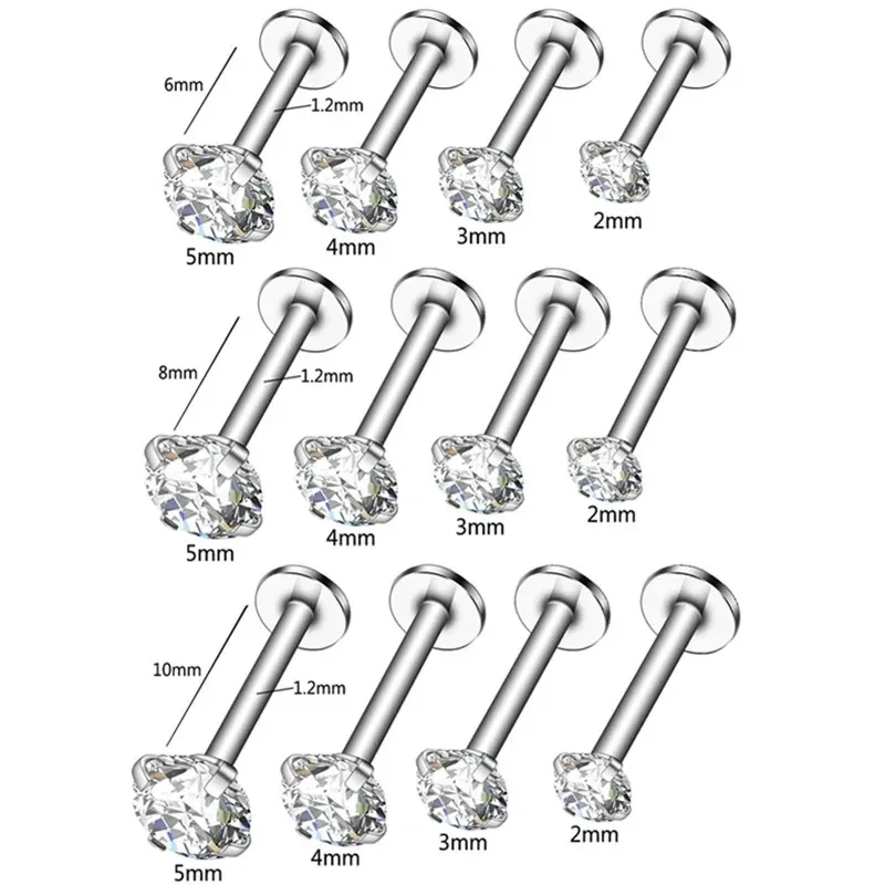 10Pcs/Lot 16G Stainless Steel Earrings Labret Lip Studs Set 2/3/4/5MM CZ Crystal Ear Cartilage Tragus Piercings Piercing Jewelry