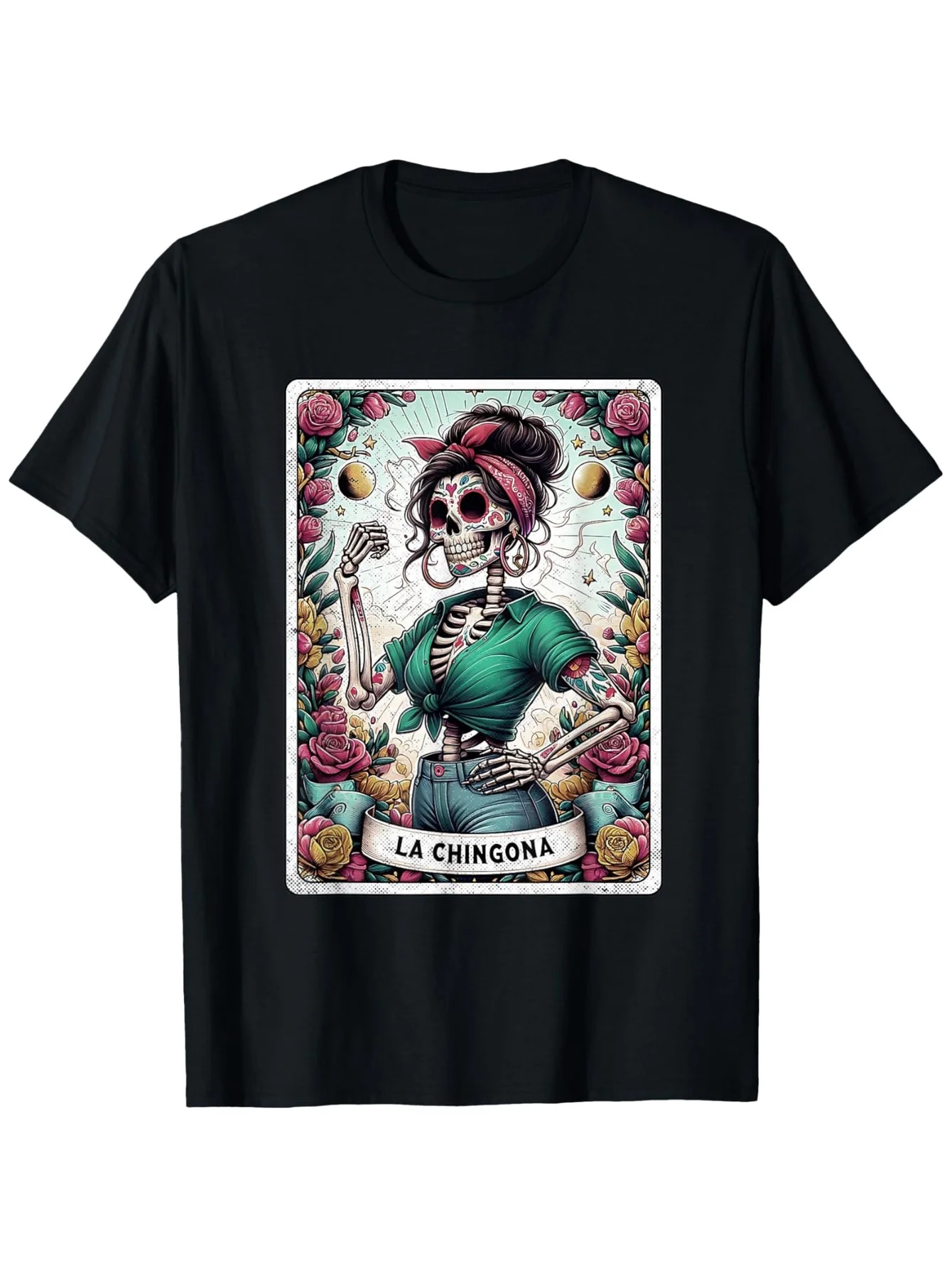 

La Chingona Забавная футболка Таро с мексиканским скелетом, мужская футболка с круглым вырезом, модная, удобная и универсальная, спортивный стиль