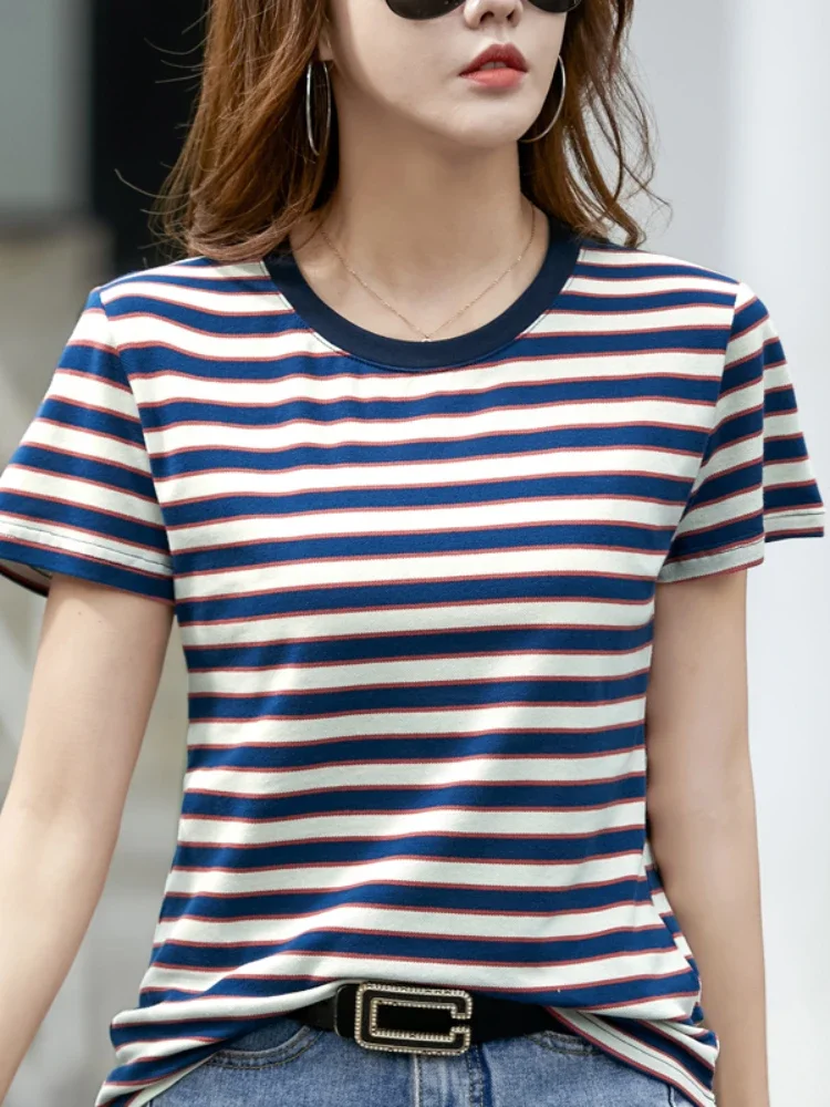 

Pop Striped Short Sleeve T-shirt For Women Summer Clothing O Neck Tees Casual Cotton Tshirts Woman Loose Tops Mujer Camisetas