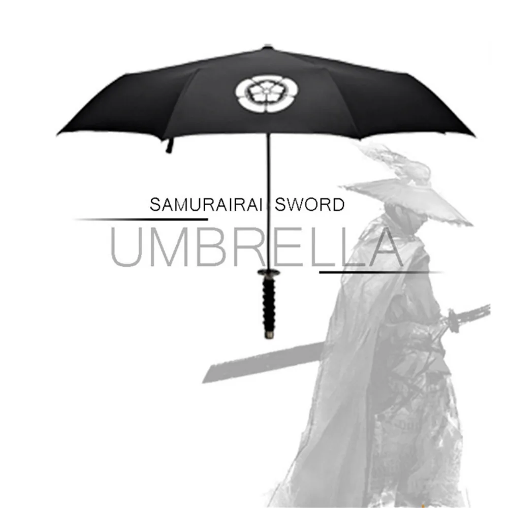 Black Coating Windproof Japanese Ninja-like Samurai Sword Umbrella Three Fold Short Handle Rain Sun Straight Umbrella Ribs