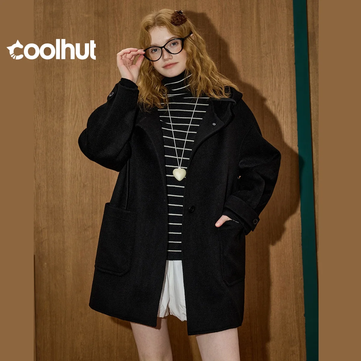 

COOLHUT 2025 зимнее женское длинное пальто из 100% шерсти, двусторонний Тренч с капюшоном и карманами, парка, мягкое пальто средней длины, роскошное кашемировое пальто