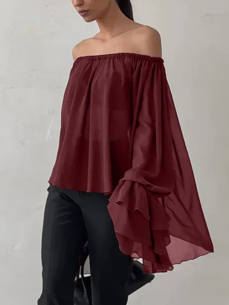 

Blifanbo Autumn Loose Off-Shoulder Ruffle Shirt For Women Long Sleeve Ruched Patchwork Fashion Pullover Female Shirt Streetwear