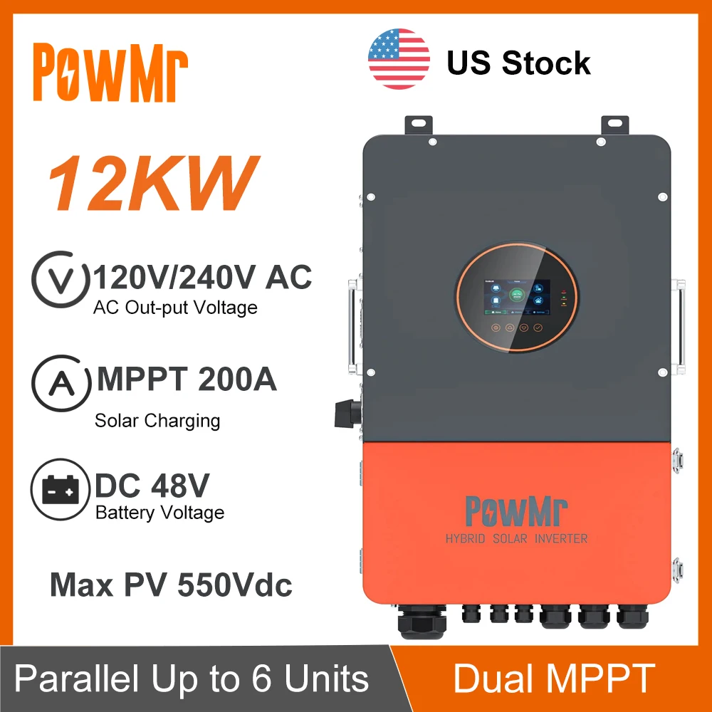 PowMr 12KW Hybrid Solar Inversor 48V DC to 110V/240V/208Vac Split Phase With 200A Dual MPPT Solar Charger Max PV 550Vdc US Stock
