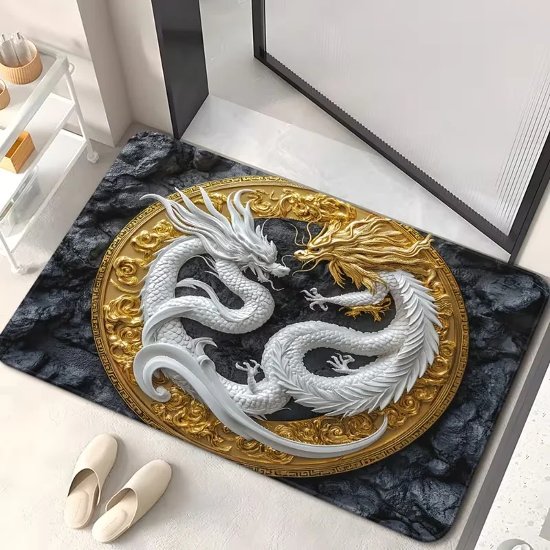 Yin Yang Drachen-Weihnachts-Fußmatte, schwarz-goldenes Drachen-Design, geeignet für Badezimmer, Camping, Picknick, Dekoration, Weihnachtsdekoration
