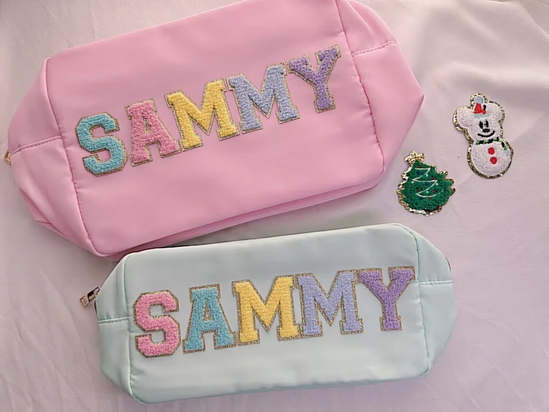 Customize DIY Letters Patch Heart Pearl Rhinestone Nylon Durable Waterproof Pouch Makeup Case Nylon Travel Cosmetic Bag