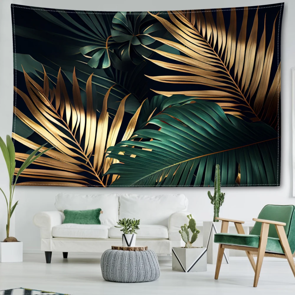 Golden green INS style printed tapestry, minimalist style room bedroom study living room wall hanging art wall decoration