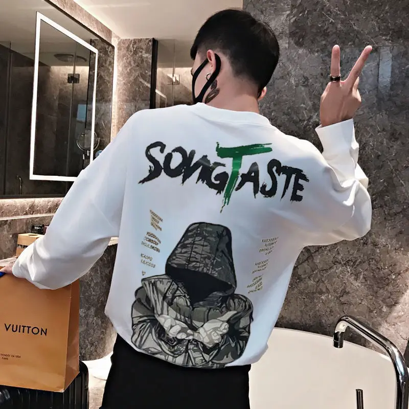 

Модная футболка с круглым вырезом и надписью, Мужская одежда, новинка весны 2023, Свободные повседневные пуловеры, Универсальная футболка с длинным рукавом