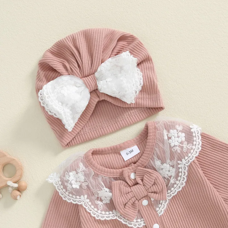 RUEWEY Newborn Baby Girl Lace Trim Romper Spring Autumn Clothes Long Sleeve Bow Jumpsuit with Turban Hat Baby Clothing