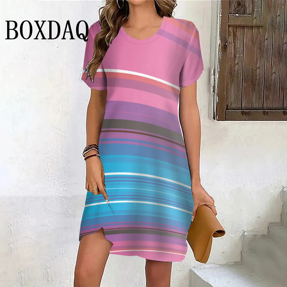 

Summer Casual Sweet Gradient Striped Dress Women Fashion Street Short Sleeve A-Line Dress Ladies Loose Party Mini Dresses 2024