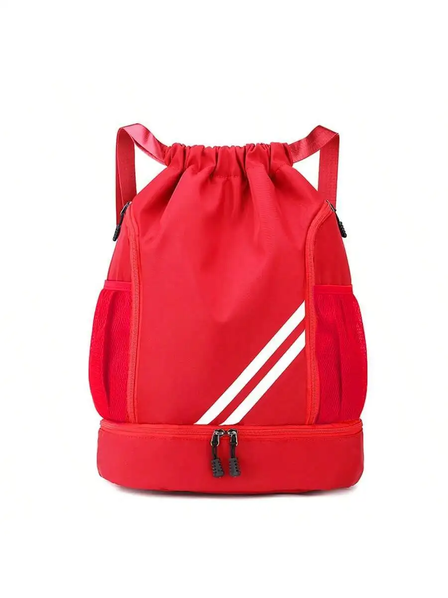 

Red Drawstring Backpack With Zippered Bottom Compartment For Gym Yoga Swimming Travel