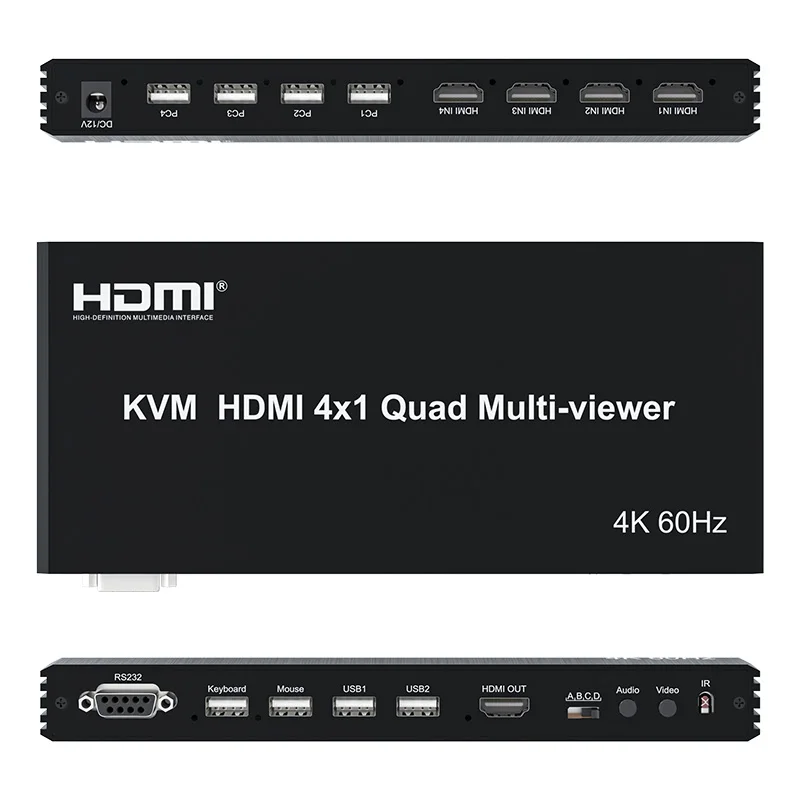 4k 60Hz 4x1 HDMI Multiviewer Quad Screen Display Support PIP 90° Rotate USB Keyboard Mouse Through Share Laptop PC To TV Monitor